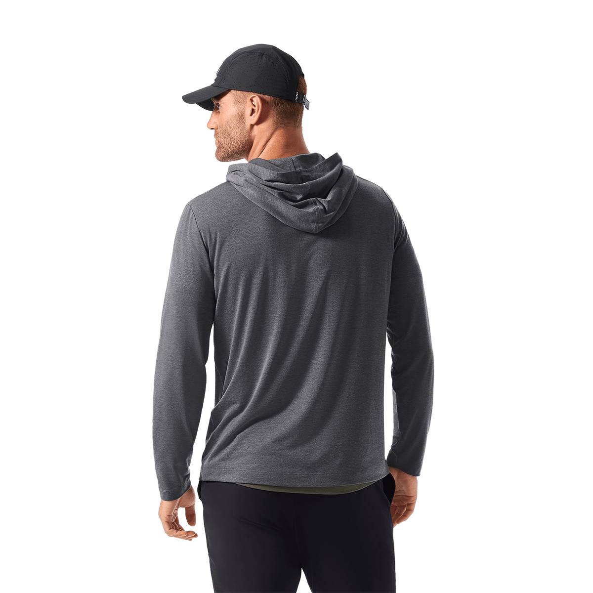 Men's Charcoal Heather Adapt Hoodie Back Waist Up Angle.