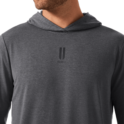 Men's Charcoal Heather Adapt Hoodie Front Detail Angle.