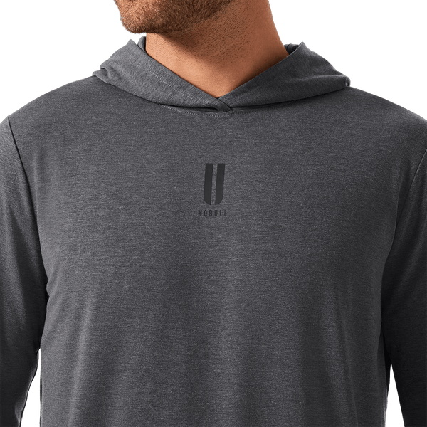 Men's Charcoal Heather Adapt Hoodie Front Detail Angle.