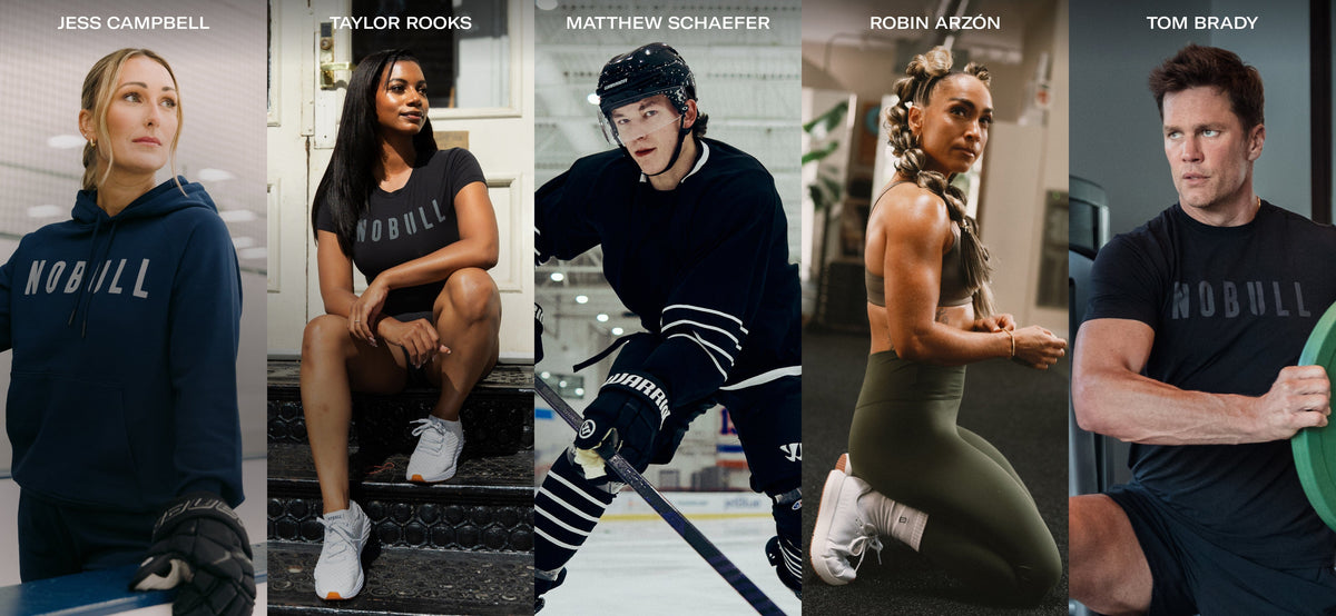 Collage of six athletes wearing NOBULL apparel in various settings.