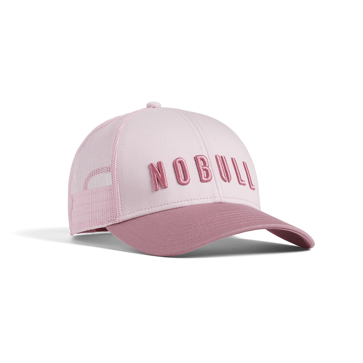 Cherry Blossom Soft Pink NOBULL Low Profile Trucker Hat Front Angle.