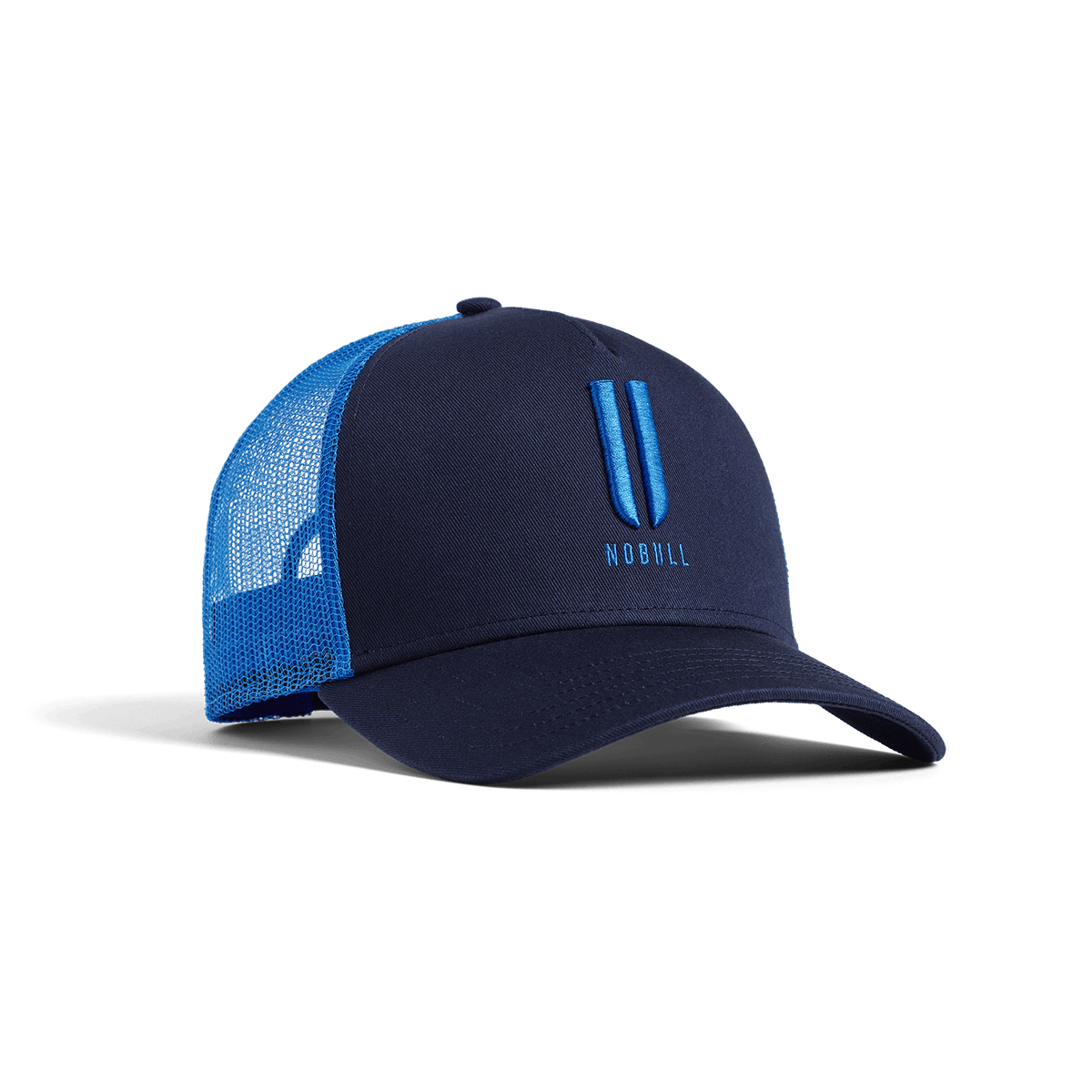 Night Navy Electric Blue NOBULL Trucker Hat Front Angle.