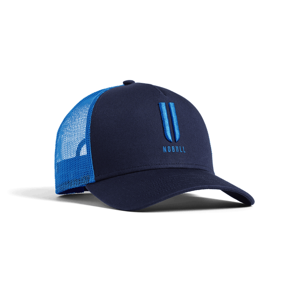 Night Navy Electric Blue NOBULL Trucker Hat Front Angle.