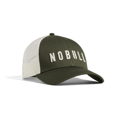 Shadow Olive Mineral White NOBULL Low Profile Trucker Hat Front Angle.