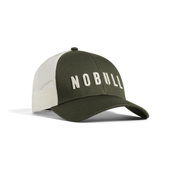Shadow Olive Mineral White NOBULL Low Profile Trucker Hat Front Angle.