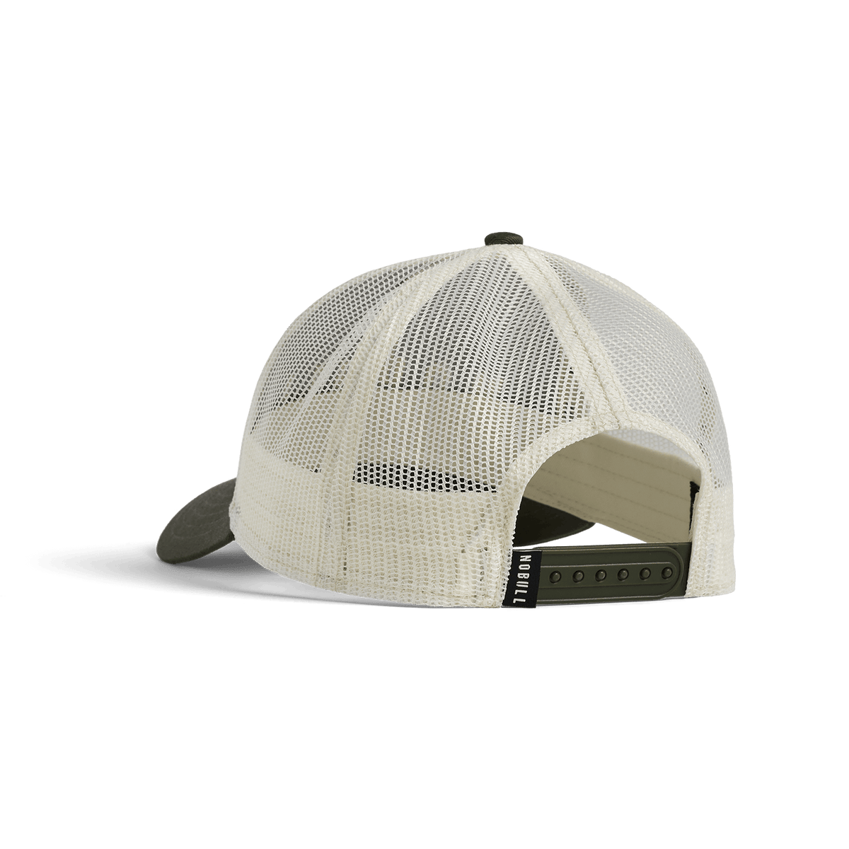 Shadow Olive Mineral White NOBULL Low Profile Trucker Hat Back Angle.