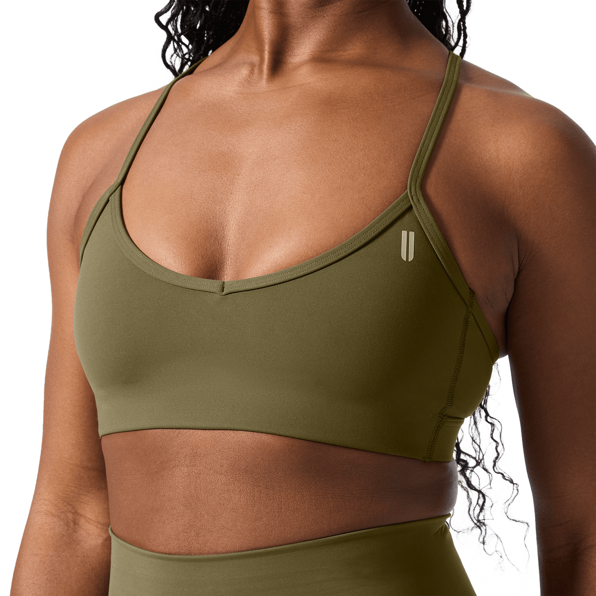 Drive Tactical Green Thin Strap Bra Front Detail Angle.