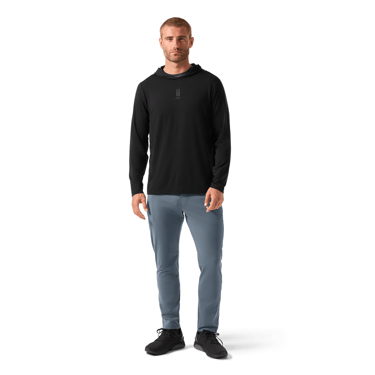 Men's NOBULL Public Rec Black Adapt Hoodie Front Full Body Angle.