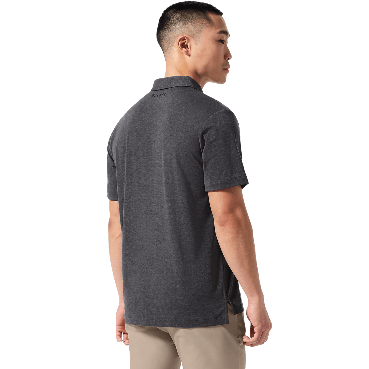 Men's Charcoal Heather Public Rec Adapt Polo Back On Body Angle.