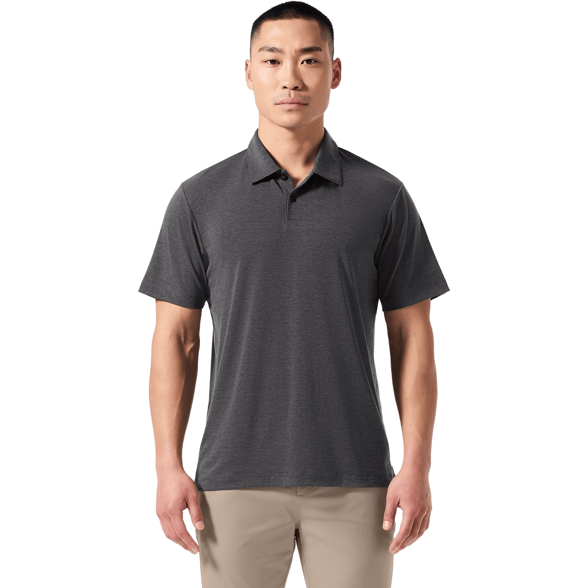 Men's Charcoal Heather Public Rec Adapt Polo Front On Body Angle.