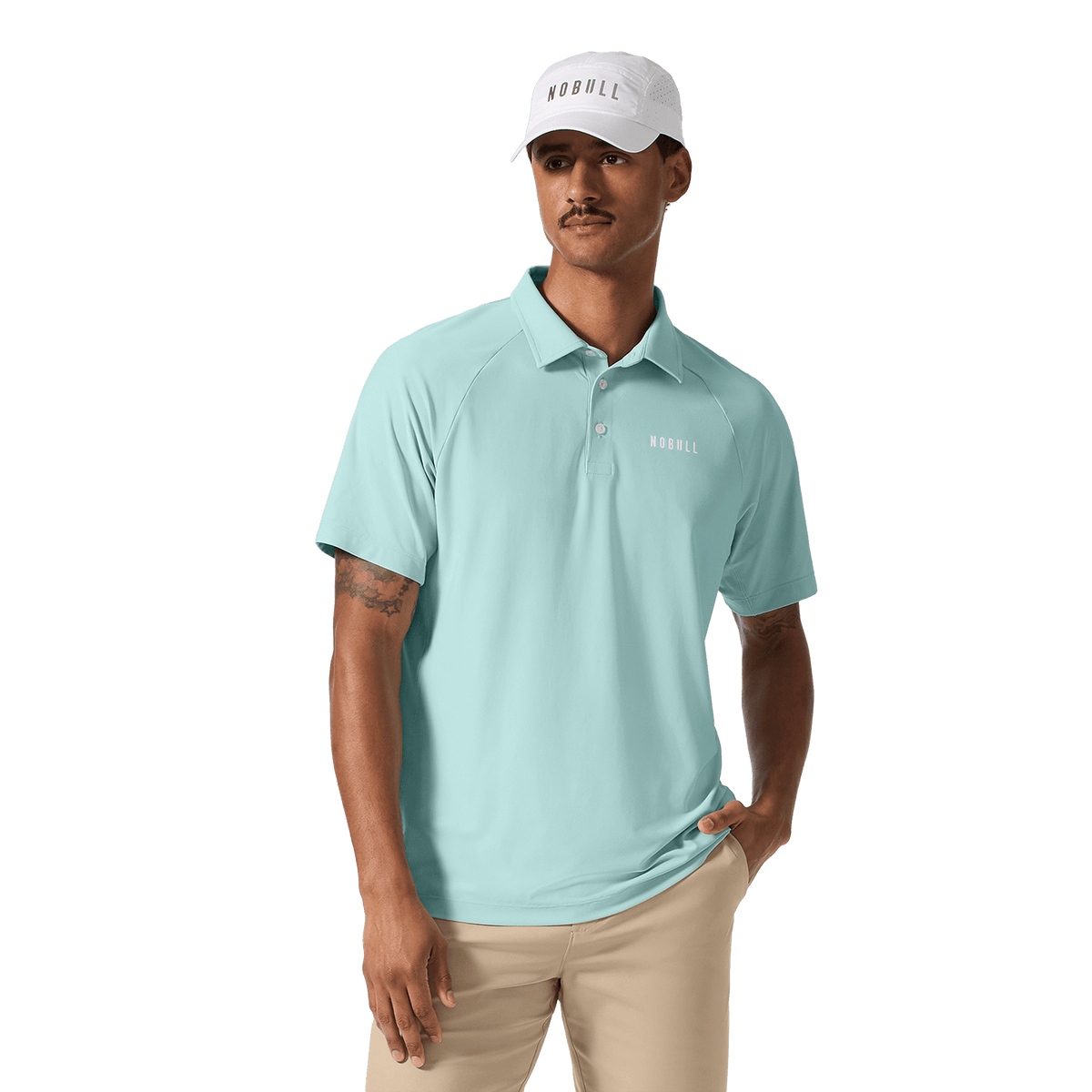 Men's Blue Haze All Fore It Polo Front Upper Body Angle.