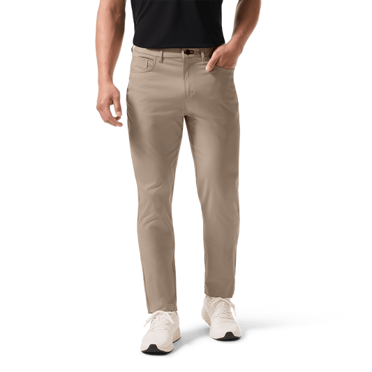 Sand Public Rec Men's Dealmaker 5-Pocket Pant Front Lower Body Angle.