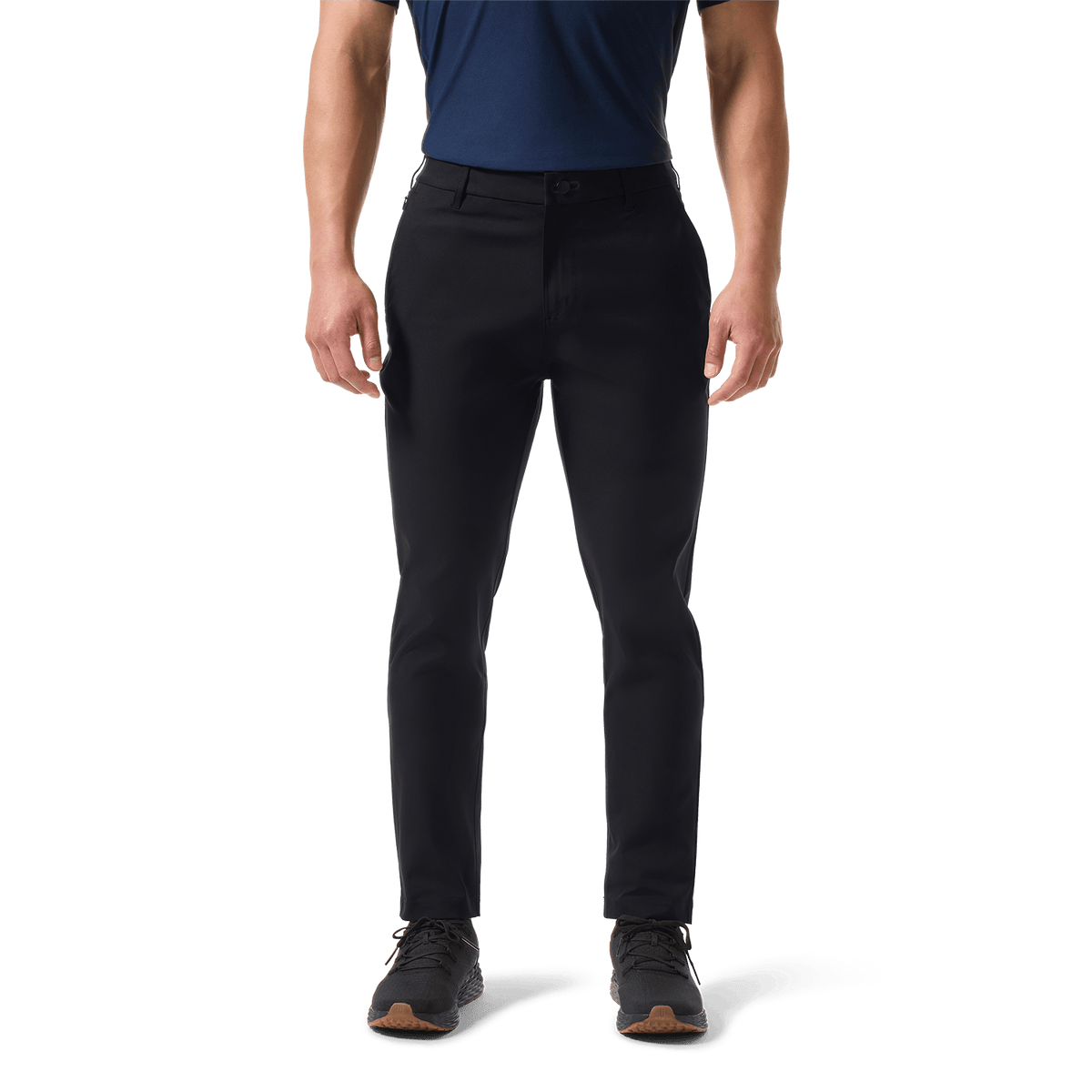 Black Men's Public Rec Dealmaker Chino+ Pants Front Lower Body Angle.