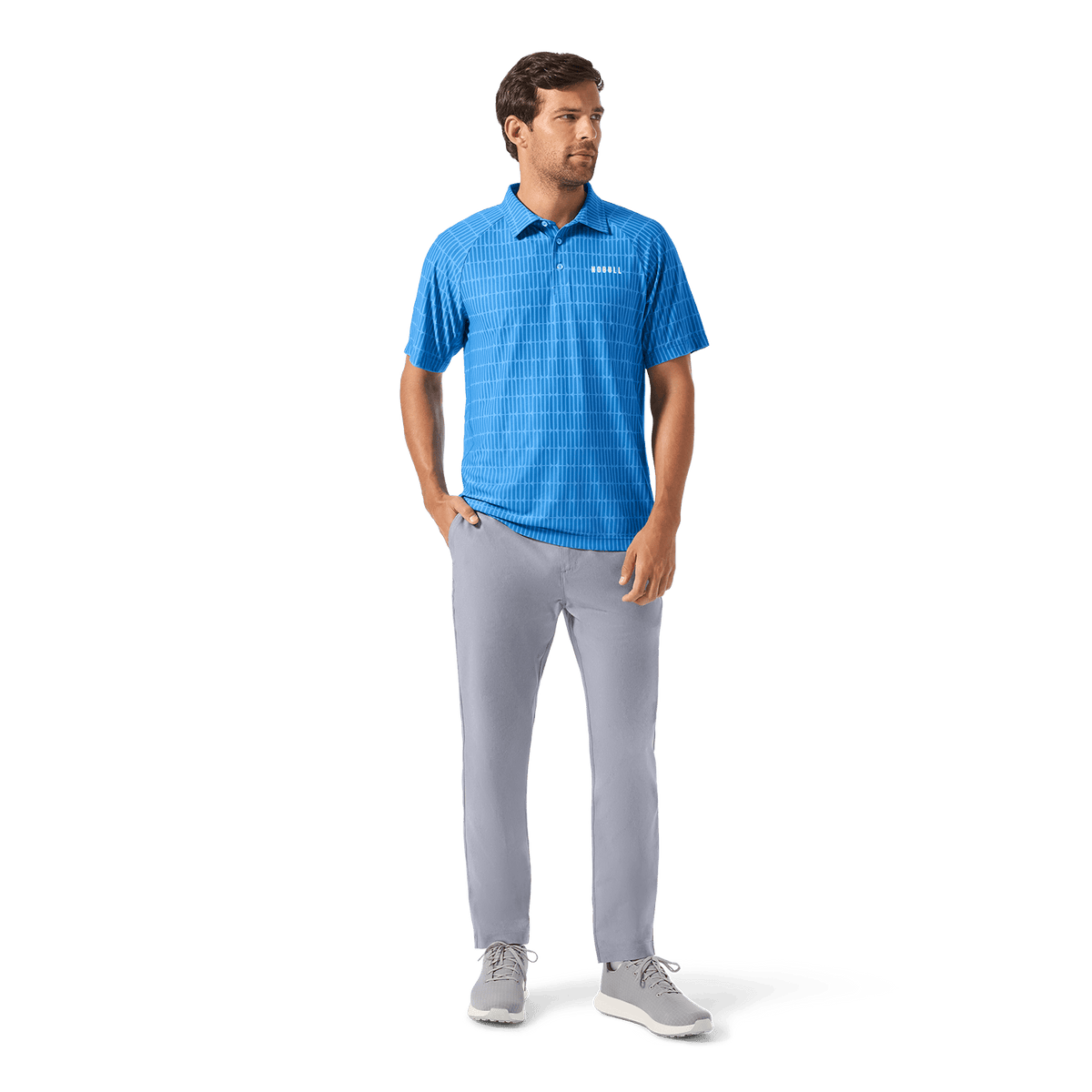 Men's Heather Chambray Dealmaker Chino+ Pant Front Full Body Angle.