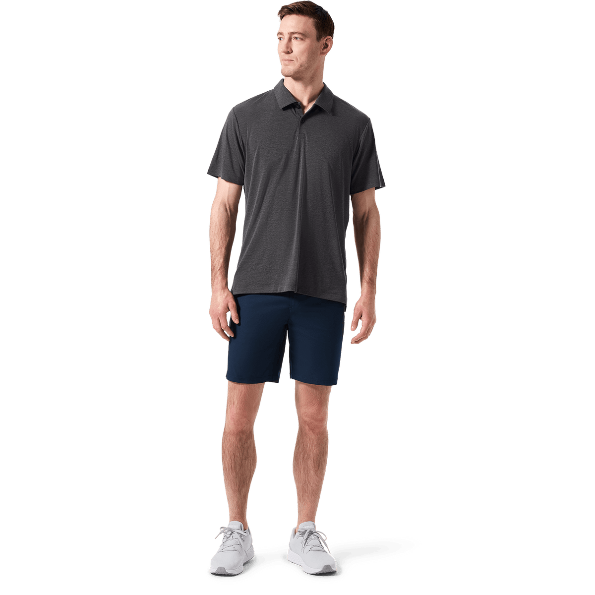 Men's Public Rec Navy Dealmaker Chino+ Short Front Full Body Angle.