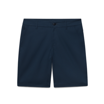 Men's Public Rec Navy Dealmaker Chino+ Short Flat Lay Angle.
