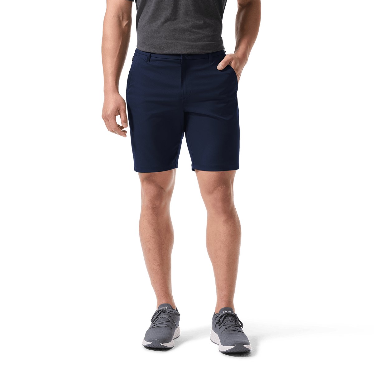 Men's Public Rec Navy Dealmaker Chino+ Short Front Lower Body Angle.
