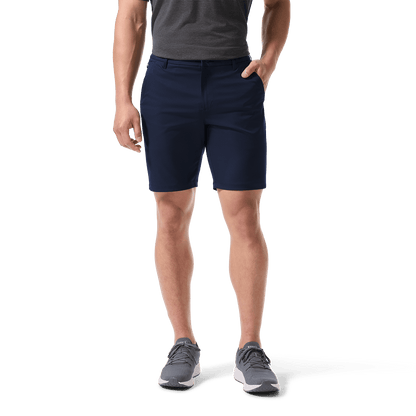Men's Public Rec Navy Dealmaker Chino+ Short Front Lower Body Angle.