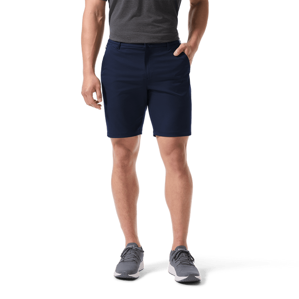 Men's Public Rec Navy Dealmaker Chino+ Short Front Lower Body Angle.
