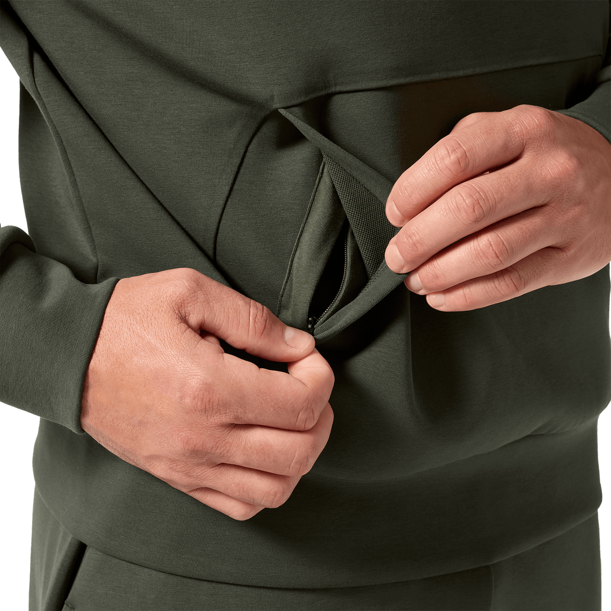 Men's Dark Army NOBULL Elements Crew Sweatshirt Pocket Detail Angle.