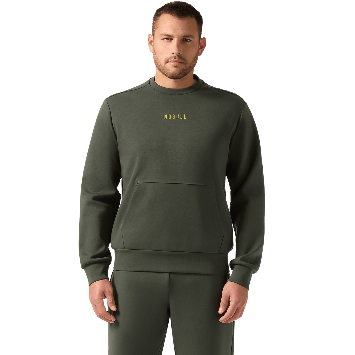 Men's Dark Army NOBULL Elements Crew Sweatshirt Front On Body Angle.