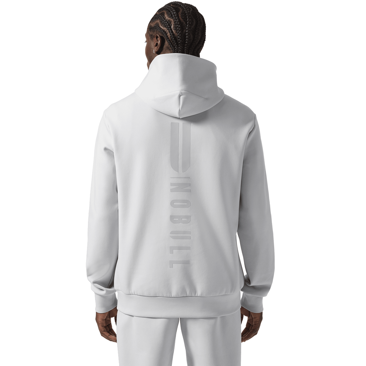 Men's Light Grey NOBULL Elements Hoodie Back Waist Up Angle.