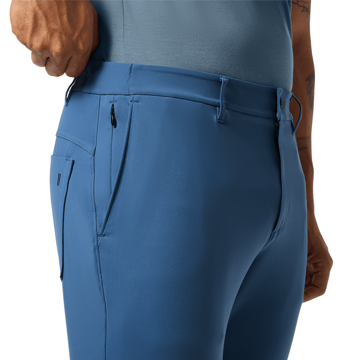 Men's Naval Blue Gamechanger 5-Pocket Pant Detail Angle.