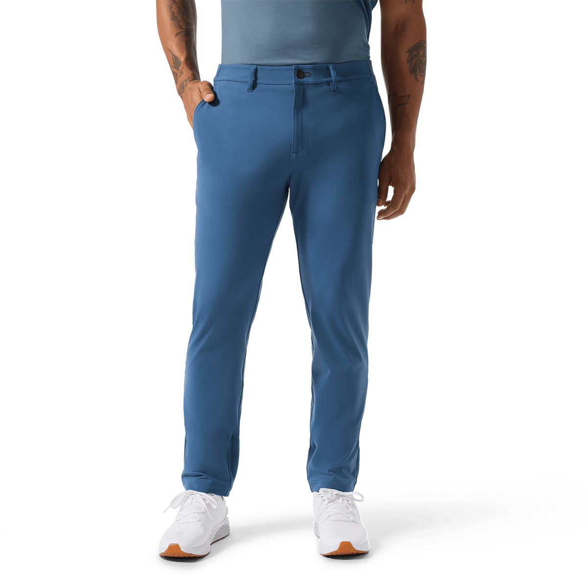 Men's Naval Blue Gamechanger 5-Pocket Pant Low Body Angle.