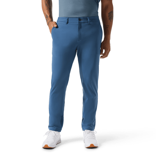 Men's Naval Blue Gamechanger 5-Pocket Pant Low Body Angle.