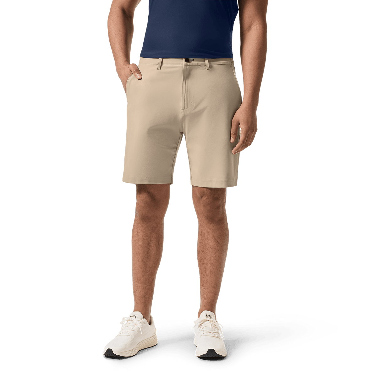 Taupe Public Rec Gamechanger 5 Pocket Short Front Lower Body Angle.