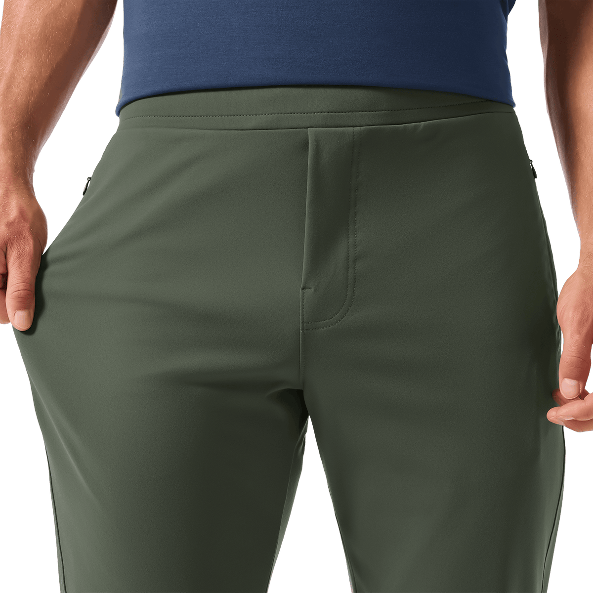 Men's Shadow Olive Gamechanger Rec Pant Stretch Detail Angle.