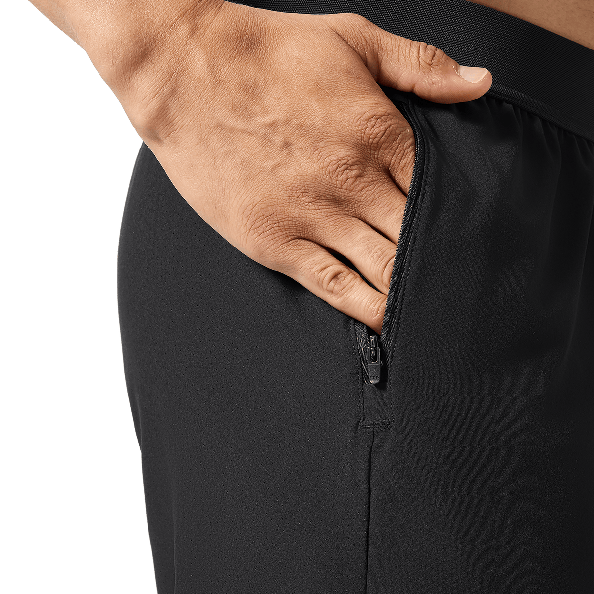 Men's Black Drive Short 6" (Unlined) Pocket Detail Angle.