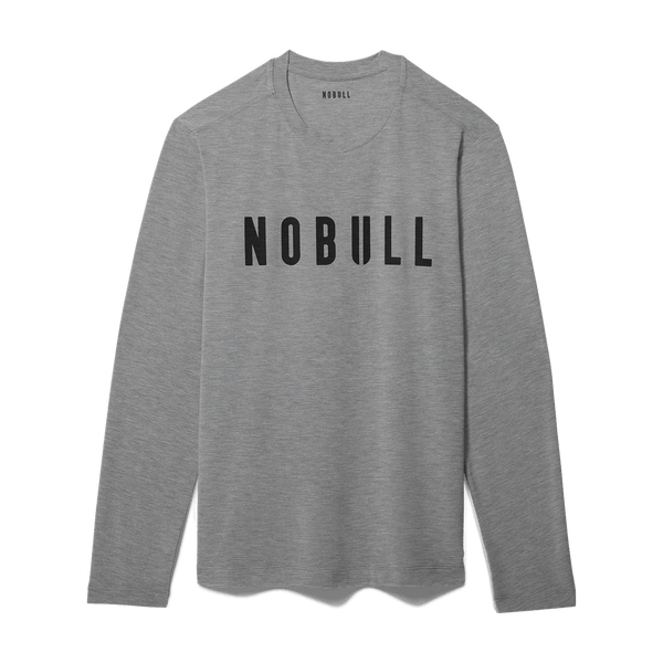 Men's Heather Grey NOBULL Long Sleeve Tee Flat Lay Angle.
