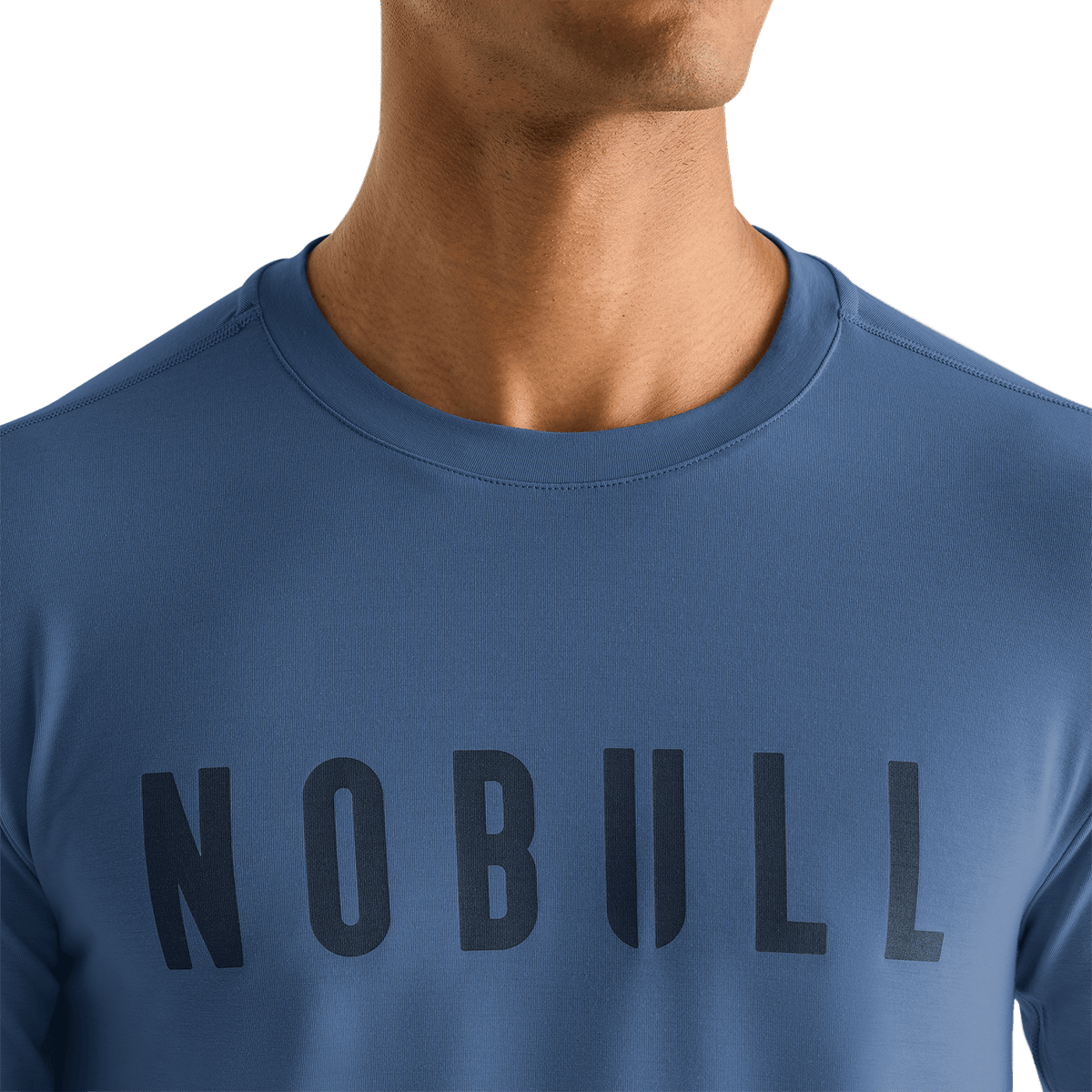 Men's Coastal Blue Long Sleeve Tee Front Detail Angle.