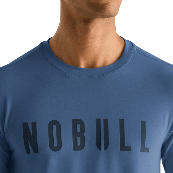 Men's Coastal Blue Long Sleeve Tee Front Detail Angle.
