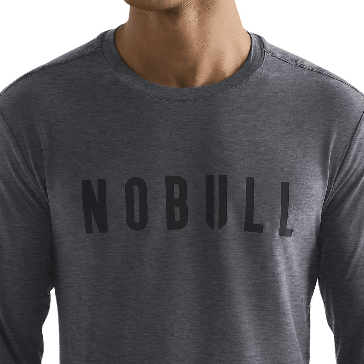 Men's Charcoal Heather NOBULL Long Sleeve Front Detail Angle.