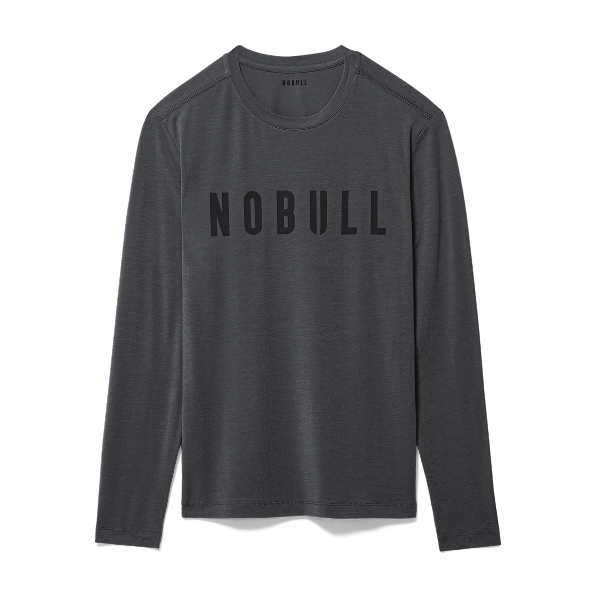 Men's Charcoal Heather NOBULL Long Sleeve Flat Lay Angle.