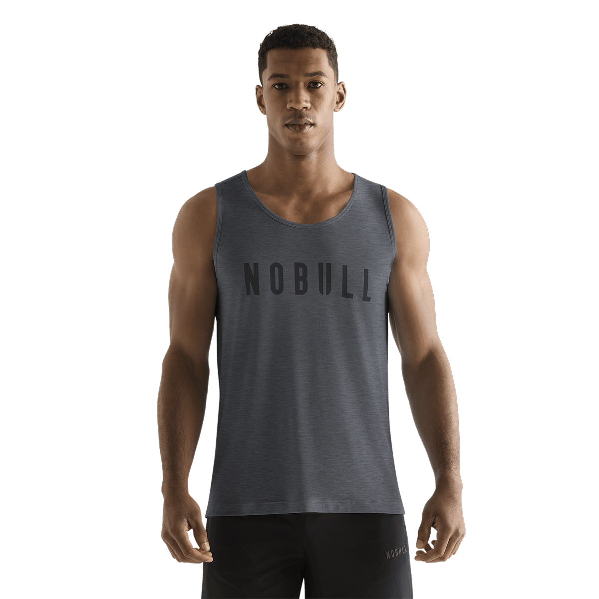 Men's Charcoal Heather NOBULL Tank Front On Body Angle.