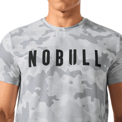 Men's Light Gray Camo NOBULL Tee Front Detail Angle.