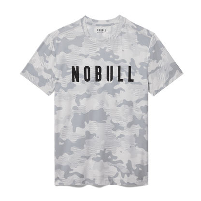 Men's Light Gray Camo NOBULL Tee Flat Lay Angle.