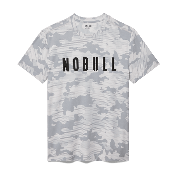 Men's Light Gray Camo NOBULL Tee Flat Lay Angle.