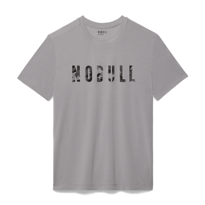 Men's Gray Camo Fill NOBULL Tee Flat Lay Angle.