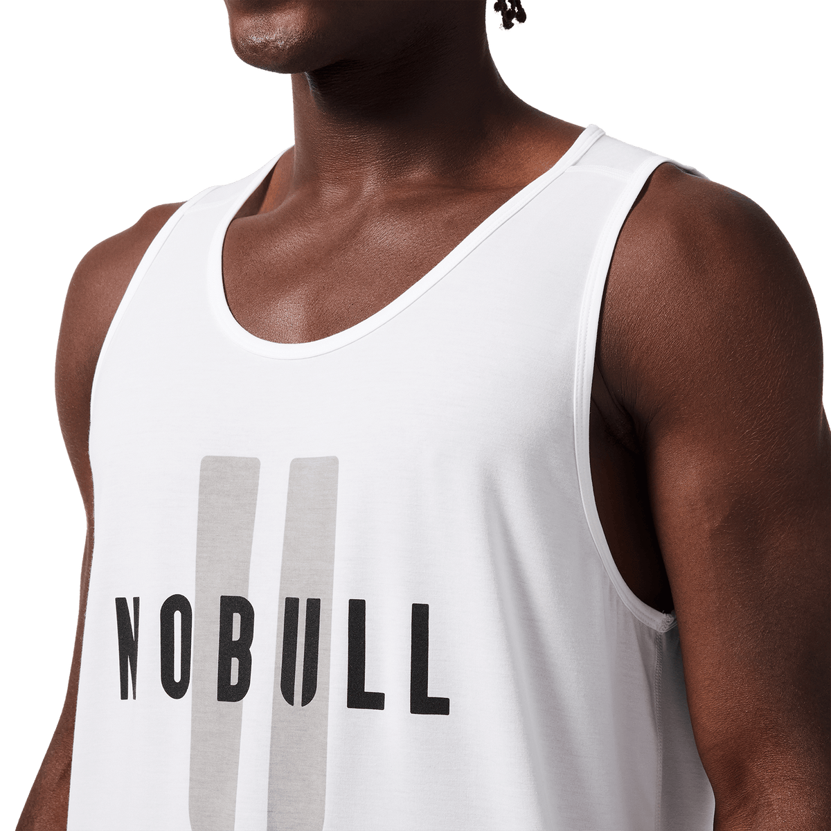 Men's White NOBULL U Tank Front Detail Angle.
