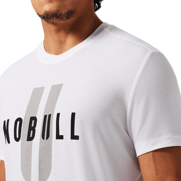 Men's White NOBULL U Tee Front Detail Angle.