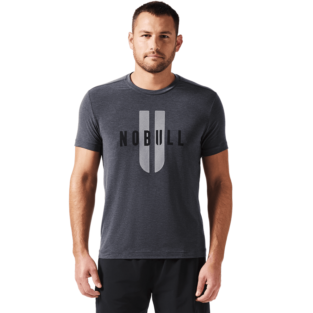 Men's Heather Charcoal NOBULL U Tee Front On Body Angle.