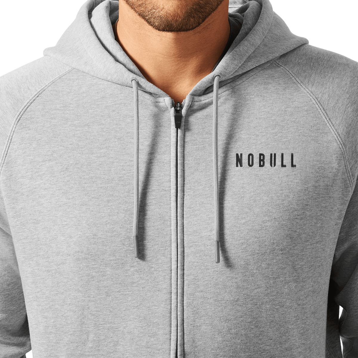 Men's Grey Heather NOBULL Zip-Up Jacket Front Detail Angle.