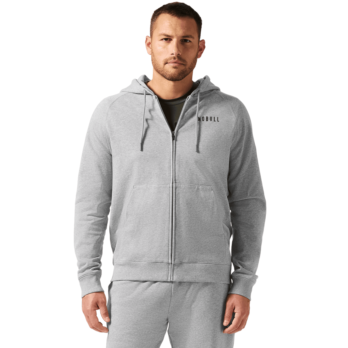 Men's Grey Heather NOBULL Zip Up Jacket Front On Body Angle.