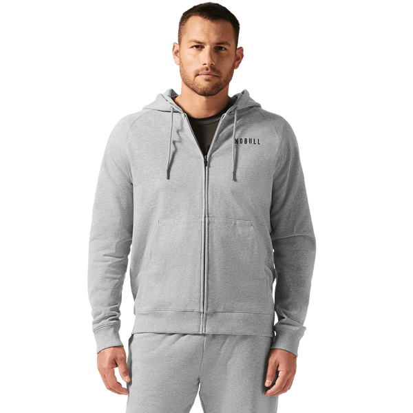 Men's Grey Heather NOBULL Zip Up Jacket Front On Body Angle.