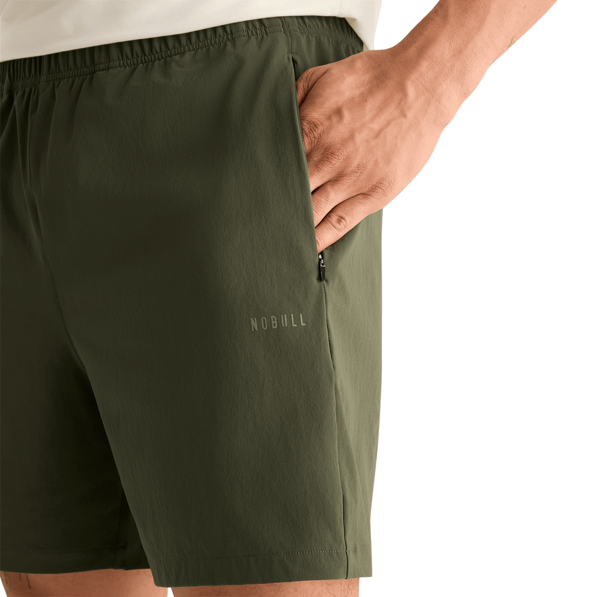 Men's Dark Army NOBULL Rep Short 6" (Unlined) Pocket Detail Angle.