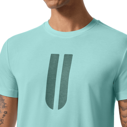 Men's Blue Haze U Tee Front Detail On Body Angle.